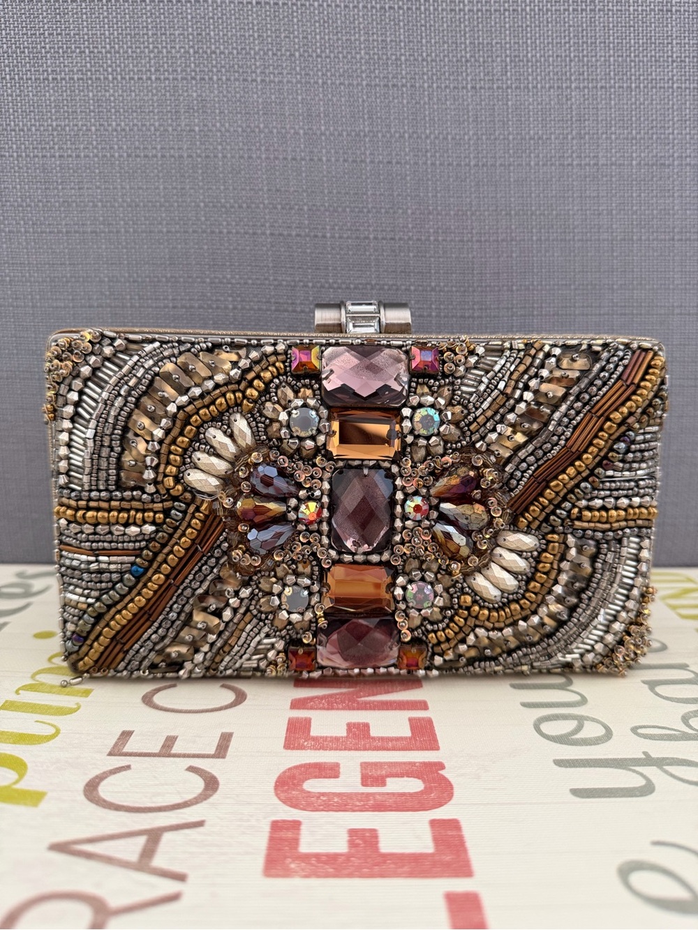 Mary Frances Embellished Beaded Evening Clutch Gold Brown Leather Accents New